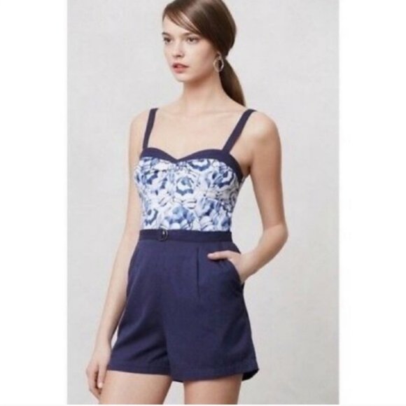 Anthropologie Pants - Anthropologie XS Mermaid Beach Shade Umbrella Romper Smocked Linen Blend Pockets